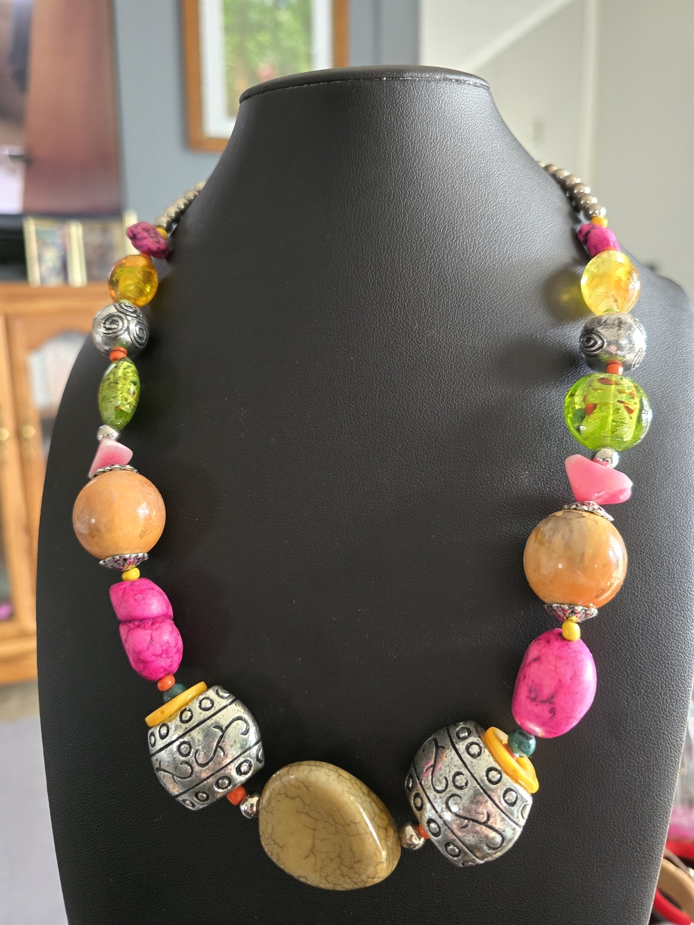 Colorful Statement Bead Necklace - Pink, Yellow & Green